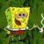 Yellow sponge character with square head, brown shorts, white collar, and red tie, standing against green background with open mouth and raised arm.