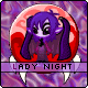 Pixel art character with purple hair and red accents, set against a circular red-and-pink background with white fangs below.