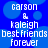 Blue background with pixelated white text reading 'carson & kaleigh best friends forever' over blurred blue circles.