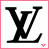 Two side-by-side pixelated 'LV' monogram icons with black lettering on white backgrounds, each bordered by a colored frame and featuring small inverted V-shaped symbols at the bottom.