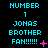 Pixelated cyan text on black background reads "NUMBER 1 JONAS BROTHER FAN!!!!!" with pink symbols changing across observations.