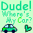 Pixelated green text 'Dude! Where's My Car?' above a teal car and heart icon on light green background.