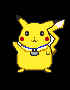 Pixelated yellow Pokémon with red cheeks, black-tipped ears, and a blue-and-white collar holding a gray bell, shown in four distinct poses against a black background.