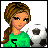 Pixelated buddy icon featuring a female character in green sports jersey holding soccer ball on left, with blue background and green text 'Soccer + Mama' on right.
