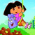 Pixelated cartoon character with dark hair, orange skin, and a purple-and-pink outfit, holding a green vine against a light blue sky and green grass background.