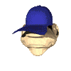 A 3D-rendered character with a blue cap and beige face displays sequential facial expressions including closed eyes, open eyes, and pink bubblegum-like shapes.