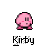 Pixelated pink spherical character with small limbs, two distinct facial expressions, and black text reading 'Kirby' below.