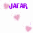 Pixelated purple text and pink hearts float on a white background with gray corner overlay.
