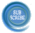 Blue circular swirl icon with pixelated white text reading "SUBSCRIBE" at center on gray background.