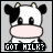 Pixelated cow icon with black-and-white patches, pink nose, and text 'GOT MILK?' below; show identical static image
