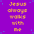 Purple background with yellow text repeating 'Jesus always walks with me' in a pattern, scattered cyan dots
