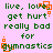 Pixelated text on pink background with orange square accents, repeating 'live, love get hurt really bad for gymnastics' in green block letters across four identical