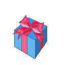 Animated sequence showing a blue gift box with pink ribbon opening to reveal a white character with pink ears and a heart card, transitioning to static text "Sweet Love" with hearts.