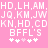 Pixelated text and symbols on a pink background with repeated letter pairs, 'BFFL'S' in the bottom , and four white plus signs below each group