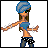 Pixel art contact sheet with six frames showing a cartoon character in various poses and text panels, including a woman with blue headwrap and a person inside a red box.