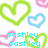 Pixelated heart shapes in green, pink, and blue on white background with cyan text reading 'sashley' repeated twice per frame.