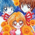Pixelated anime-style character with orange hair and red bow, wearing pink top against blue background.