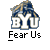 Two identical pixelated icons with 'BYU' text and a mountain graphic, each labeled 'Fear Us', displayed on gray background with promotional text.