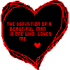 Two heart-shaped frames with red outlines; left frame contains red text on black background, right frame shows a couple in wedding attire.