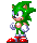 Pixel art of a green anthropomorphic hedgehog in multiple poses with red shoes, white gloves, and pink inner ears against gray background.