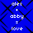 Blue background with black diamond lattice pattern and white pixelated text reading 'alex + abby = love' repeated in two identical vertical