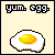 Pixelated fried egg with yellow yolk and white, displayed in four with 'yum. egg.' text above each