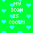 Green background with light blue pixelated hearts and repeated white text "MY ICON IS COOL!!!" in a pattern