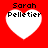 Four identical heart-shaped icons with white fill and black text on a red background, each displaying 'Sarah Pelletier' in pixelated font.