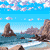 Pixelated coastal scene with blue sky, white clouds, and ocean waves crashing against rocky formations.