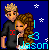 Pixel art contact sheet showing two frames of an animated buddy icon with a couple embracing against a blue background, featuring text and color changes between frames.