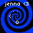 Four identical blue and black spiral patterns with white text 'jenna <3' at top corners, each containing a small white dot near the center.