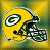 Yellow football helmet with green and white 'G' logo, black face mask, pixelated style on gradient background.