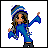 Pixel art character in blue outfit with striped hat and long hair, standing on white background next to solid blue square and gray area, with text "back OFF!" below.