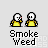 Pixel art buddy icon with two yellow-shirted figures, one holding a smoking object, text labels change across frames.
