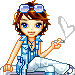 Pixel art character with brown hair and blue eyes wears light blue sleeveless shirt, white pants, and blue goggles on head; holds small object in right hand while seated.