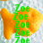 Animated orange fish-shaped icon with green text overlays changing between 'Zoe' and 'Stein' and 'fishy' repetitions on a light patterned background.