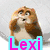 Animated sequence of a cartoon cat-like character with brown and white fur, showing three distinct expressions and backgrounds with the text 'Lexi' in different colored boxes.