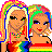 Pixel art contact sheet showing two animated frames of a rainbow-themed character with colorful hair and clothing against a green background with "Original Icons .com" text.