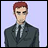 A pixelated contact sheet showing two frames of an animated AIM buddy icon featuring a character with red hair and glasses in a suit, alongside text reading "Anime IM" and "COM" on a black background.