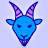 Pixelated blue goat head with purple and pink checkered horns, closed eyes, small ears, and a simple mouth on light lavender background.