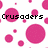 Pixelated image with pink circles on white background, displaying text 'Crusaders', 'Volleyball', and '#22' in black pixel font.