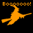 Animated orange witch silhouette on black background with 'Boooooo!' text, showing motion