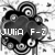 Black-and-white pixelated icon with swirling patterns and scattered dots surrounding a central dark shape, overlaid with white text reading 'JULIA F-1'.