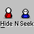 Pixel art animation of two figures playing hide-and-seek with a refrigerator, showing sequential movement and interaction