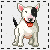 Pixelated dog with white and black fur, pink ears, red collar, tongue out, standing in four variations of pose.