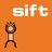 Pixelated orange background with white text 'sift' above a brown stick figure holding an object.