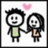 Two pixelated figures holding hands with a pink heart above them, one in green shirt and spiky hair, the other in brown dress with long hair.