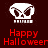Pixelated skull icon with crossed bones above red "Happy Halloween" text on dark red background.