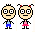 Pixel art character set with two figures in static and animated states showing facial, clothing, and pose variations.