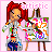 Pixel art of a red-haired figure painting on an easel, with 'artistic' text above and changing abstract artwork.